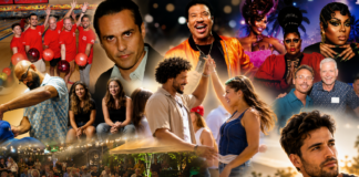 Collage showing a lively party: bowling, live music, dancers, drag performers, and a crowded outdoor dining scene.