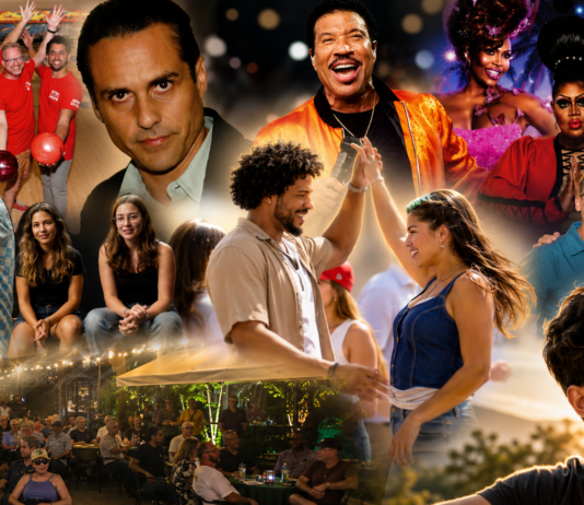 Collage showing a lively party: bowling, live music, dancers, drag performers, and a crowded outdoor dining scene.