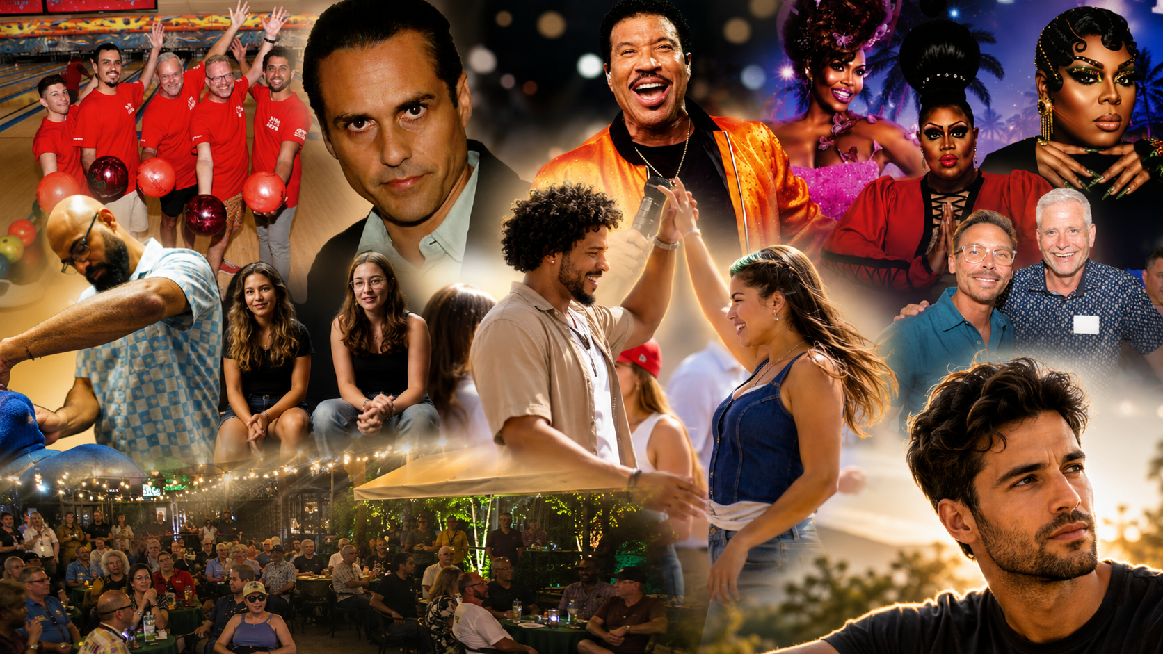 sdfr Collage showing a lively party: bowling, live music, dancers, drag performers, and a crowded outdoor dining scene.