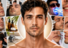 Collage of men receiving skincare treatments around a central portrait, showing masks, injections, lasers and grooming tools.