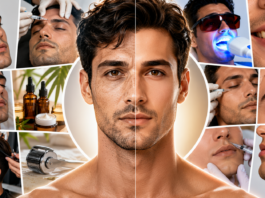 Collage of men receiving skincare treatments around a central portrait, showing masks, injections, lasers and grooming tools.