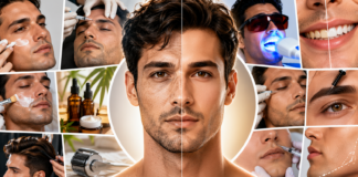 Collage of men receiving skincare treatments around a central portrait, showing masks, injections, lasers and grooming tools.