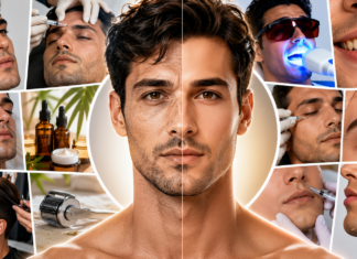 Cosmetic Upgrades starting with the least invasive Collage of men receiving skincare treatments around a central portrait, showing masks, injections, lasers and grooming tools.