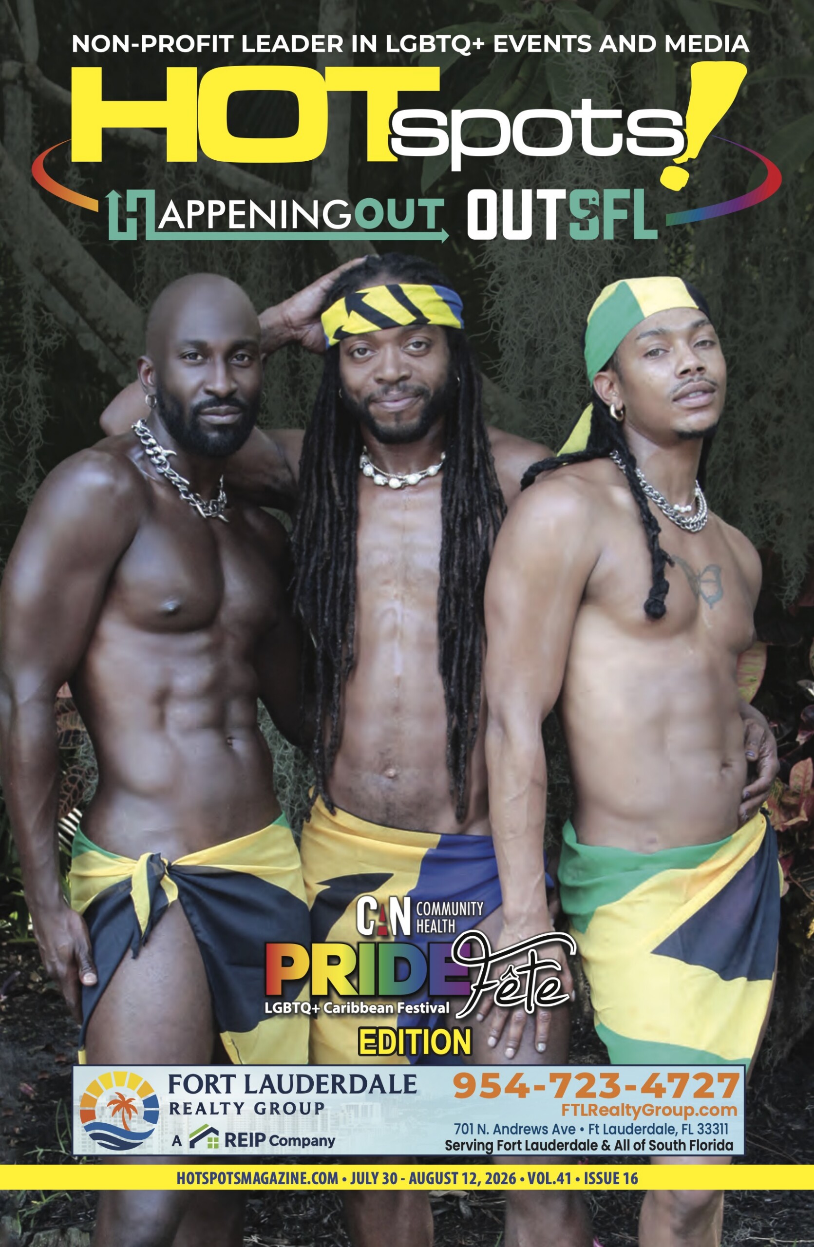 Hotspots Magazine | LGBTQ Entertainment, Events and Community Resources Hotspots Magazine Three shirtless men wearing Caribbean flag shorts pose for a Pride festival cover with HOTspots branding visible above them.