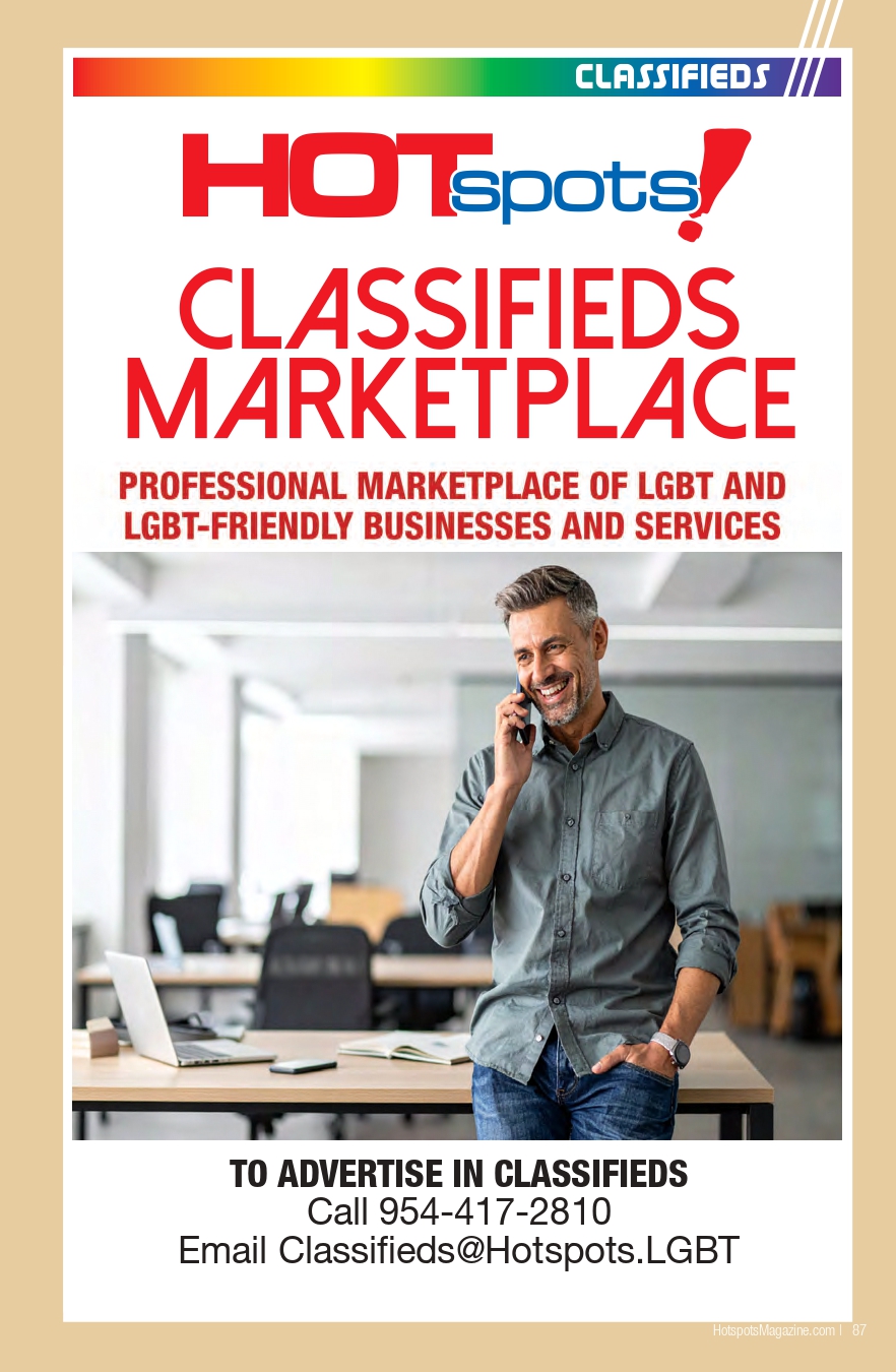 Advertisement poster for HOTspots Classifieds Marketplace with a man talking on the phone in an office; bottom text invites advertisers and lists a phone number and email.