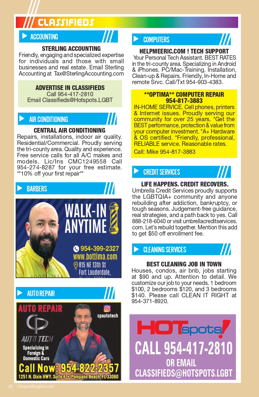 Colorful classifieds page with two columns of ads: Accounting, Computers, Air Conditioning, Barbers, Auto Repair on left; Credit Services, Cleaning Services on right; a bright yellow OPTIMA computer repair box stands out; includes contact numbers and a large 'Walk-In Anytime' ad.