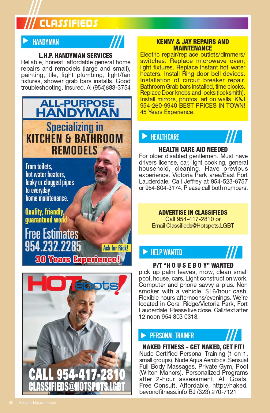 Classifieds page with blue handyman ad and yellow repair ad, plus healthcare and other listings on a magazine page.