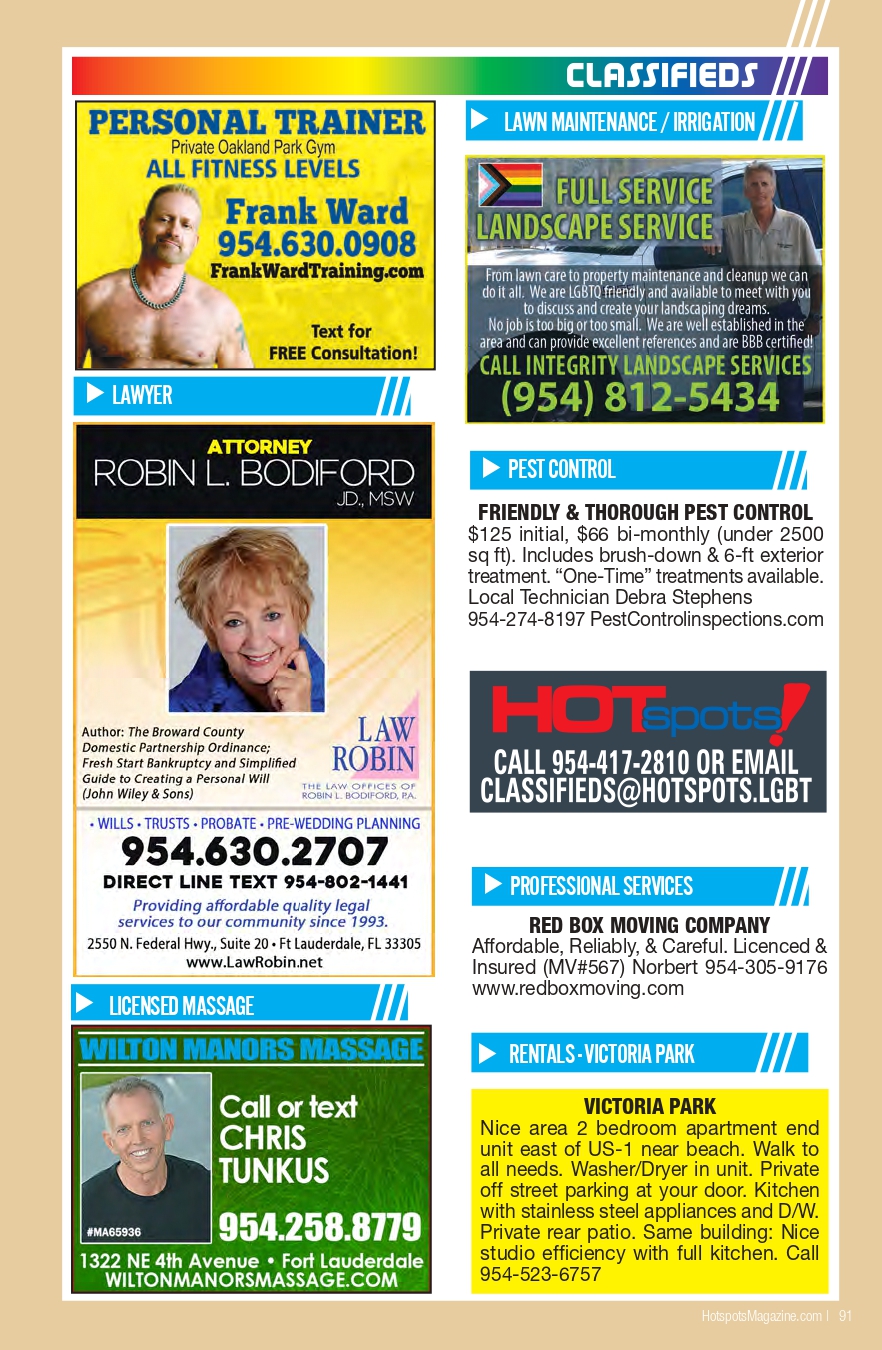 Classifieds page with eight ads: personal trainer, landscape service, pest control, attorney, massage, moving company, rentals, each with contact numbers.