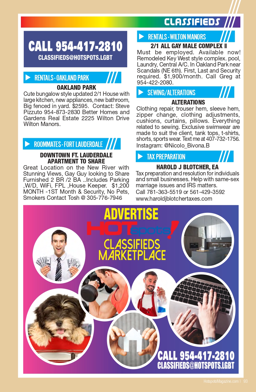 Classifieds page with blue ad blocks for rentals and services, and a colorful bottom advertisement featuring circular photos and contact info.