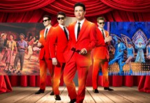 A group of men in bright red suits center stage, with a red curtain backdrop; collage includes a vintage dancing scene on the left and a blue-dressed dance troupe on the right.