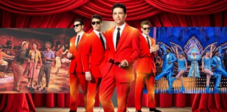 A group of men in bright red suits center stage, with a red curtain backdrop; collage includes a vintage dancing scene on the left and a blue-dressed dance troupe on the right.