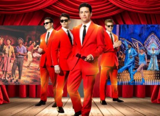 A group of men in bright red suits center stage, with a red curtain backdrop; collage includes a vintage dancing scene on the left and a blue-dressed dance troupe on the right.