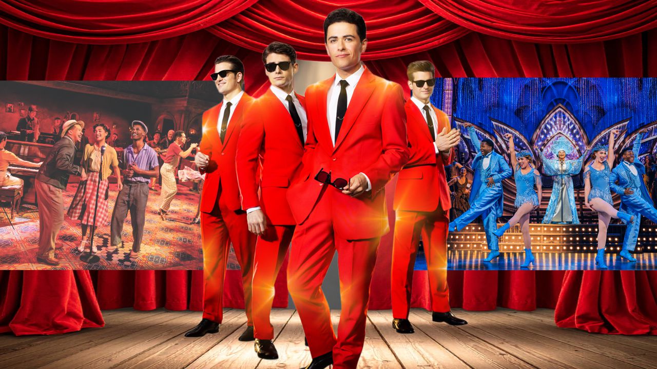 1280x720_Feature_BwayAcrossSofla - Adrienne Arsht 4117 A group of men in bright red suits center stage, with a red curtain backdrop; collage includes a vintage dancing scene on the left and a blue-dressed dance troupe on the right.