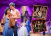 Broadway Across South Florida – Fort Lauderdale – Broward Center Romantic moment on a purple-curtained stage with a couple embracing; a royal wedding scene and cast in the background, plus two cast collage photos on the right.