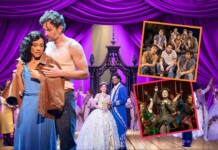 Romantic moment on a purple-curtained stage with a couple embracing; a royal wedding scene and cast in the background, plus two cast collage photos on the right.