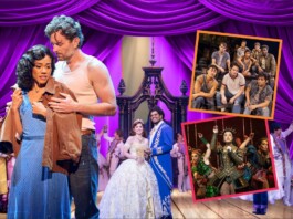 Broadway Across South Florida – Fort Lauderdale – Broward Center Romantic moment on a purple-curtained stage with a couple embracing; a royal wedding scene and cast in the background, plus two cast collage photos on the right.