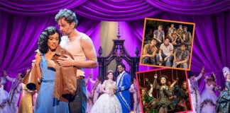 Romantic moment on a purple-curtained stage with a couple embracing; a royal wedding scene and cast in the background, plus two cast collage photos on the right.