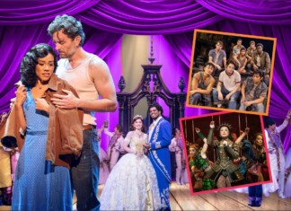 Romantic moment on a purple-curtained stage with a couple embracing; a royal wedding scene and cast in the background, plus two cast collage photos on the right.