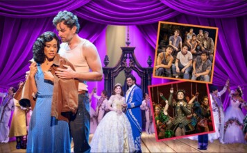 Broadway Across South Florida – Fort Lauderdale – Broward Center Romantic moment on a purple-curtained stage with a couple embracing; a royal wedding scene and cast in the background, plus two cast collage photos on the right.
