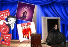 Stage with blue velvet curtains; a woman in a black ball gown exits through an open door, with Jersey Boys and Dirty Dancing posters nearby.