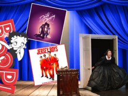 Broadway Across South Florida – Palm Beach – Kravis Center Stage with blue velvet curtains; a woman in a black ball gown exits through an open door, with Jersey Boys and Dirty Dancing posters nearby.