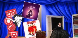 Stage with blue velvet curtains; a woman in a black ball gown exits through an open door, with Jersey Boys and Dirty Dancing posters nearby.
