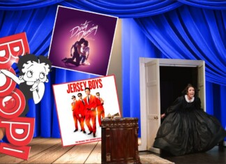 Stage with blue velvet curtains; a woman in a black ball gown exits through an open door, with Jersey Boys and Dirty Dancing posters nearby.