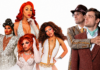 What’s Hot South Florida: August 27 – September 8 Group portrait of five drag queens in glamorous gowns and makeup posing next to two men in retro suits on a white background.