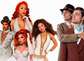 Group portrait of five drag queens in glamorous gowns and makeup posing next to two men in retro suits on a white background.
