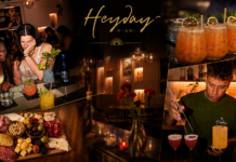Heyday Miami: A “Hollywood” Gem Collage of a chic Miami bar: two women at the counter with cocktails, a cheese and charcuterie board, and a bartender mixing drinks under a Heyday Miami sign.