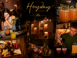 Heyday Miami: A “Hollywood” Gem Collage of a chic Miami bar: two women at the counter with cocktails, a cheese and charcuterie board, and a bartender mixing drinks under a Heyday Miami sign.