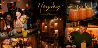 Heyday Miami: A “Hollywood” Gem Collage of a chic Miami bar: two women at the counter with cocktails, a cheese and charcuterie board, and a bartender mixing drinks under a Heyday Miami sign.