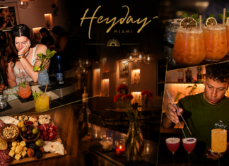 Heyday Miami: A “Hollywood” Gem Collage of a chic Miami bar: two women at the counter with cocktails, a cheese and charcuterie board, and a bartender mixing drinks under a Heyday Miami sign.