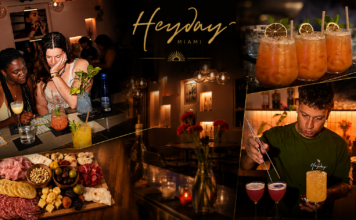Heyday Miami: A “Hollywood” Gem Collage of a chic Miami bar: two women at the counter with cocktails, a cheese and charcuterie board, and a bartender mixing drinks under a Heyday Miami sign.