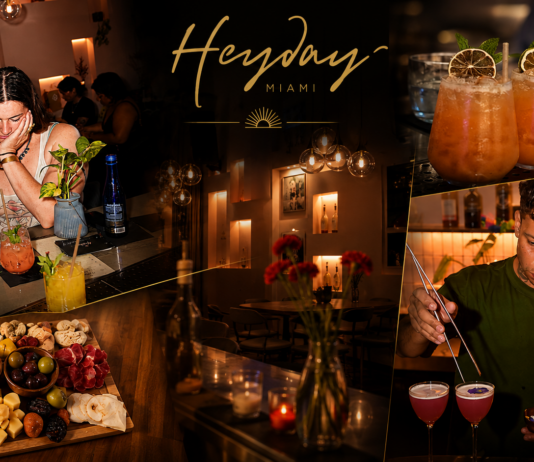 Heyday Miami: A “Hollywood” Gem Collage of a chic Miami bar: two women at the counter with cocktails, a cheese and charcuterie board, and a bartender mixing drinks under a Heyday Miami sign.