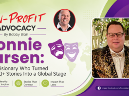 Promotional poster for Ronnie Larsen: Non-Profit Advocacy by Bobby Blair, featuring a headshot and bold text on a lime-to-purple background with a framed photo on the right.