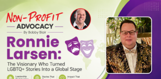 Promotional poster for Ronnie Larsen: Non-Profit Advocacy by Bobby Blair, featuring a headshot and bold text on a lime-to-purple background with a framed photo on the right.