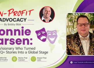 Non-Profit Advocacy – Ronnie Larsen: The Visionary Who Turned LGBTQ+ Stories Into a Global Stage Promotional poster for Ronnie Larsen: Non-Profit Advocacy by Bobby Blair, featuring a headshot and bold text on a lime-to-purple background with a framed photo on the right.