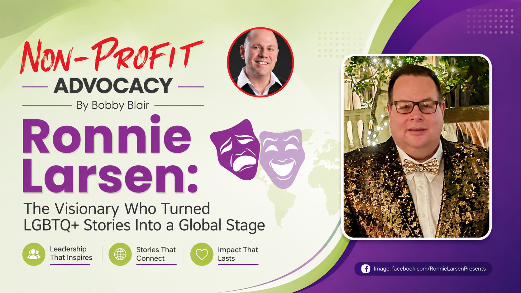 ChatGPT Image Aug 20 2026 05_57_47 PM Promotional poster for Ronnie Larsen: Non-Profit Advocacy by Bobby Blair, featuring a headshot and bold text on a lime-to-purple background with a framed photo on the right.
