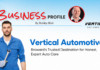 Banner image for a business profile: mechanic in blue overalls holding a wrench on the left, with 'Vertical Automotive' branding on the right and 'Business Profile' title at top.