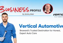 Banner image for a business profile: mechanic in blue overalls holding a wrench on the left, with 'Vertical Automotive' branding on the right and 'Business Profile' title at top.