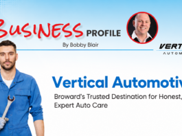 Business Profile: Vertical Automotive Banner image for a business profile: mechanic in blue overalls holding a wrench on the left, with 'Vertical Automotive' branding on the right and 'Business Profile' title at top.