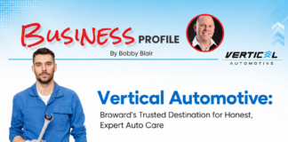 Business Profile: Vertical Automotive Banner image for a business profile: mechanic in blue overalls holding a wrench on the left, with 'Vertical Automotive' branding on the right and 'Business Profile' title at top.