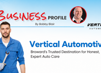 Business Profile: Vertical Automotive Banner image for a business profile: mechanic in blue overalls holding a wrench on the left, with 'Vertical Automotive' branding on the right and 'Business Profile' title at top.