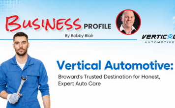 Banner image for a business profile: mechanic in blue overalls holding a wrench on the left, with 'Vertical Automotive' branding on the right and 'Business Profile' title at top.