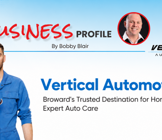 Banner image for a business profile: mechanic in blue overalls holding a wrench on the left, with 'Vertical Automotive' branding on the right and 'Business Profile' title at top.