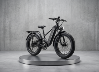 Black electric bike on a round metallic pedestal in a minimalist concrete studio setting.