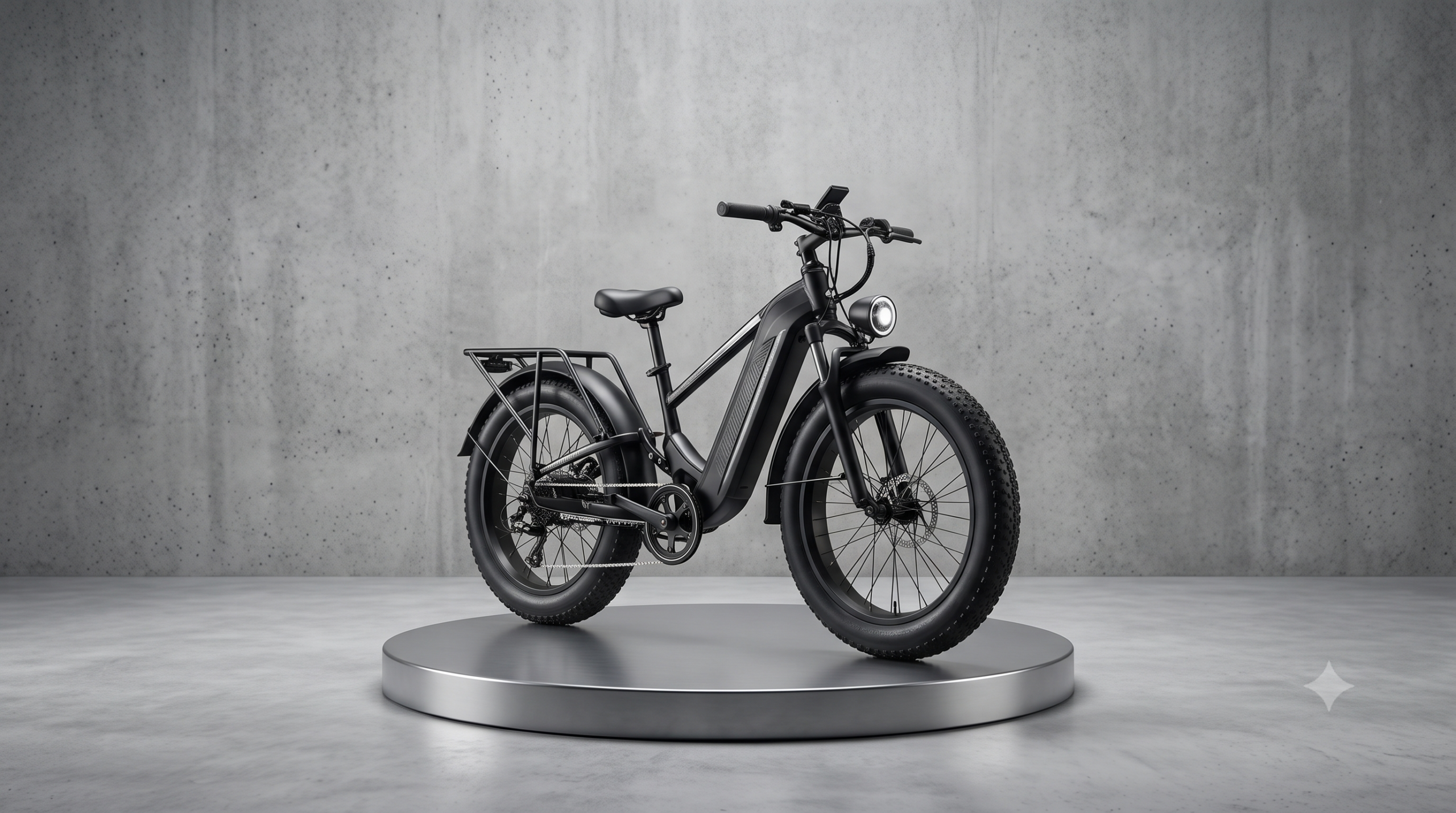 Gemini_Generated_Image_spuxtpspuxtpspux Black electric bike on a round metallic pedestal in a minimalist concrete studio setting.