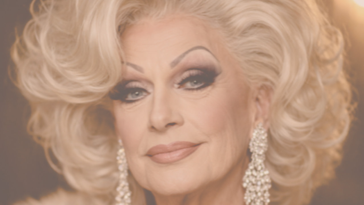 Grand Dame_1280x720 Close-up portrait of a glamorous older woman with platinum blonde hair and diamond earrings.