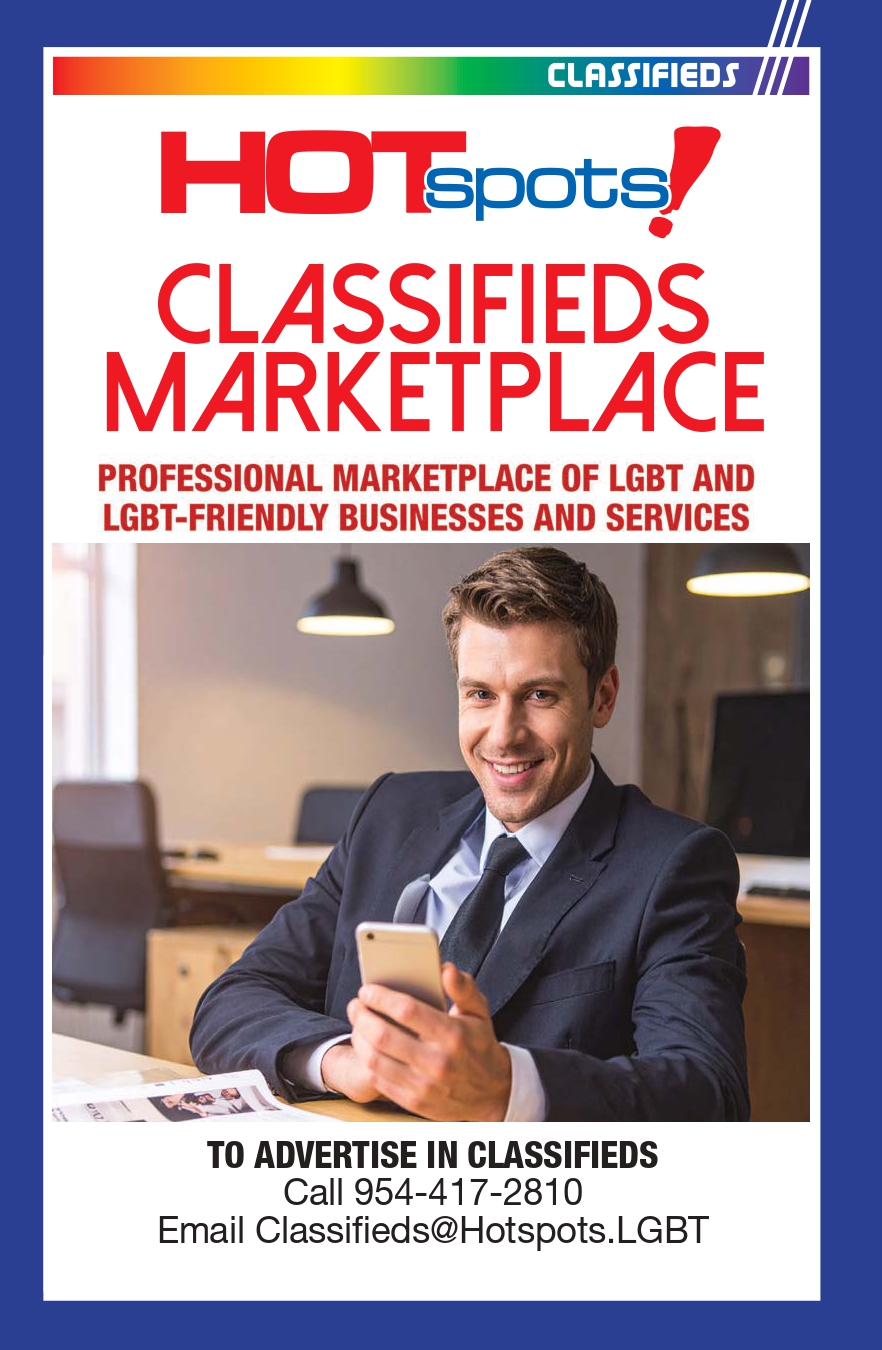 Poster advertising HOTspots Classifieds Marketplace; a smiling businessman in a suit uses a smartphone at a desk, with contact info at the bottom.